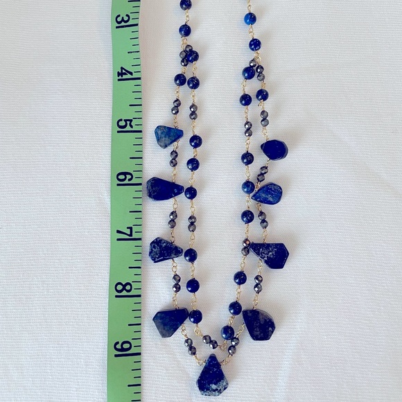 Pretty Goldtone Two-Strand Beaded Necklace with Blue Stones and Beads - Picture 9 of 10